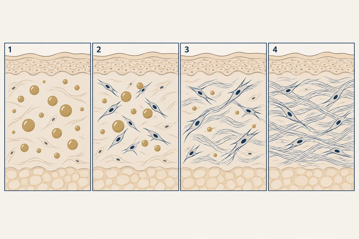A diagram showing poly-L-lactic acid microparticles triggering fibroblast activity and new collagen formation over several months.