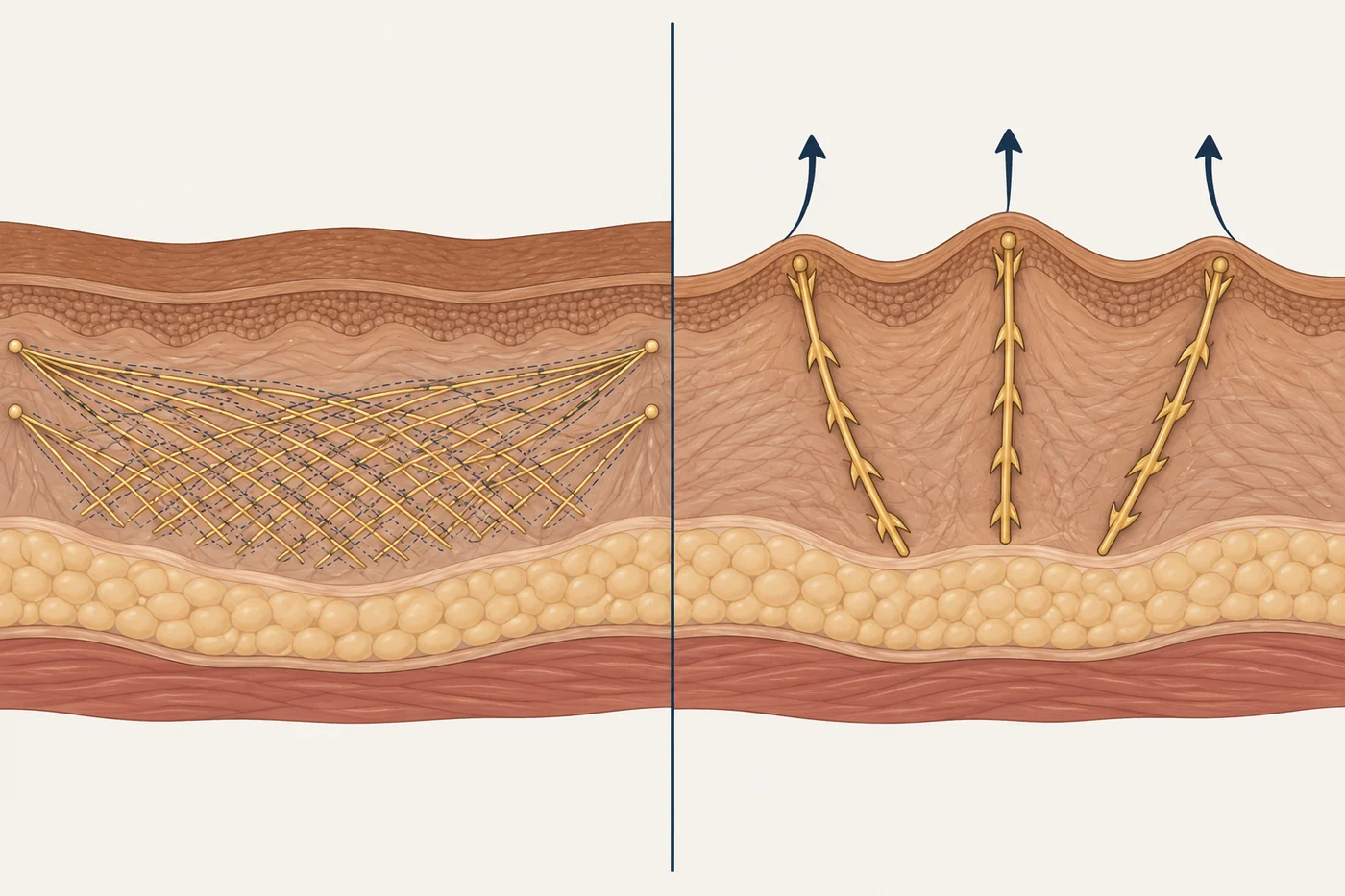A diagram comparing smooth PDO threads placed in a grid for collagen stimulation with barbed lift threads used to reposition tissue.