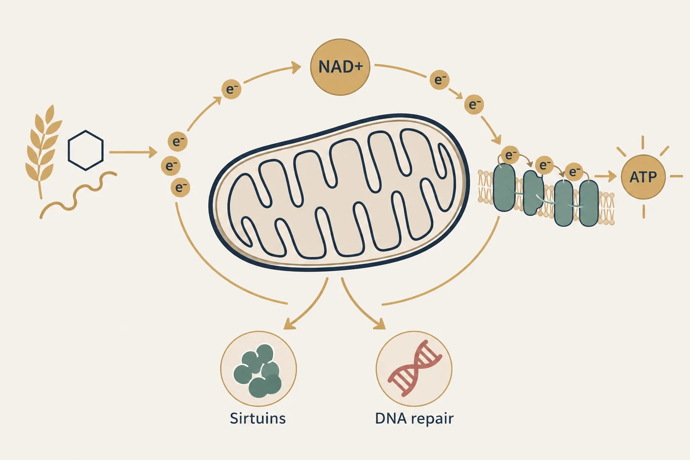 A diagram showing NAD+ carrying electrons through cellular energy production in the mitochondria and being consumed by sirtuins and PARP enzymes.