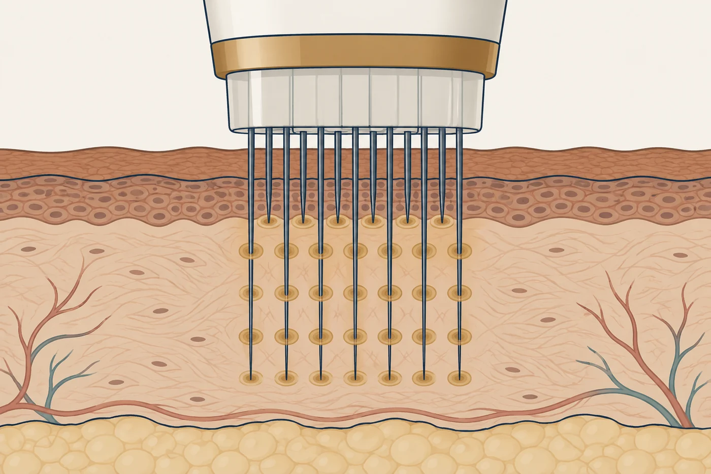 A diagram of the Scarlet RF microneedle array showing independent thermal coagulation zones around each of the twenty-five needle tips.