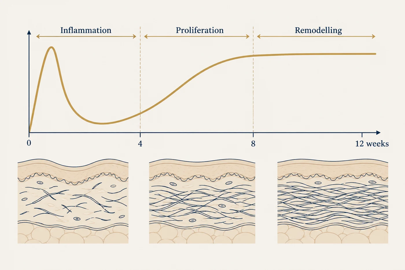 A timeline showing collagen remodelling after energy-based skin treatment, from inflammation through proliferation to remodelling over three months.