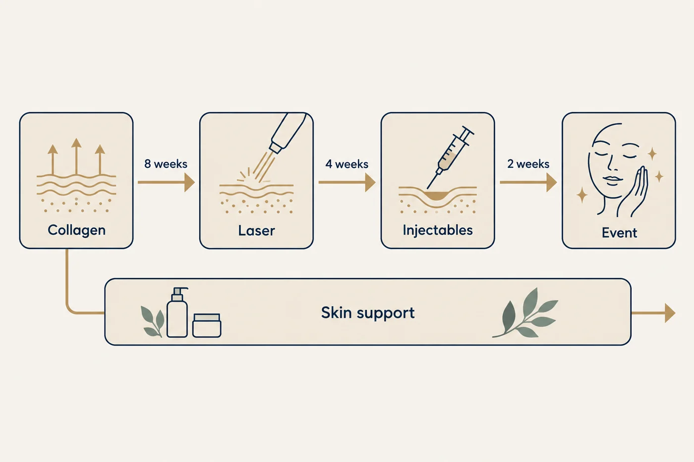 A flow diagram showing the correct sequence and spacing when combining neurotoxin, filler, laser and collagen treatments.